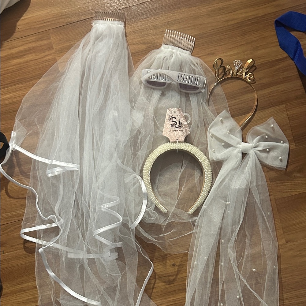 Bridal Acessories - 2 Veils, 1 Pearl Bow, 1 Headband, Pearl Headband, Sunglasses